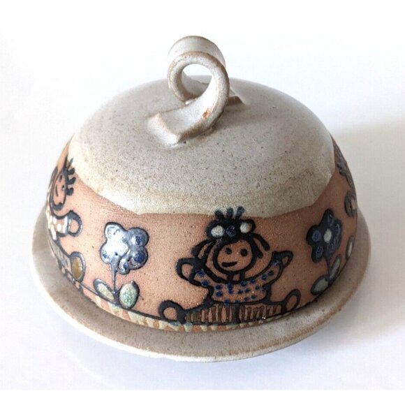 Handmade Carlota Cheese Butter Dish Tumbler Set Stoneware Studio Signed VTG Flaw - Picture 3 of 12